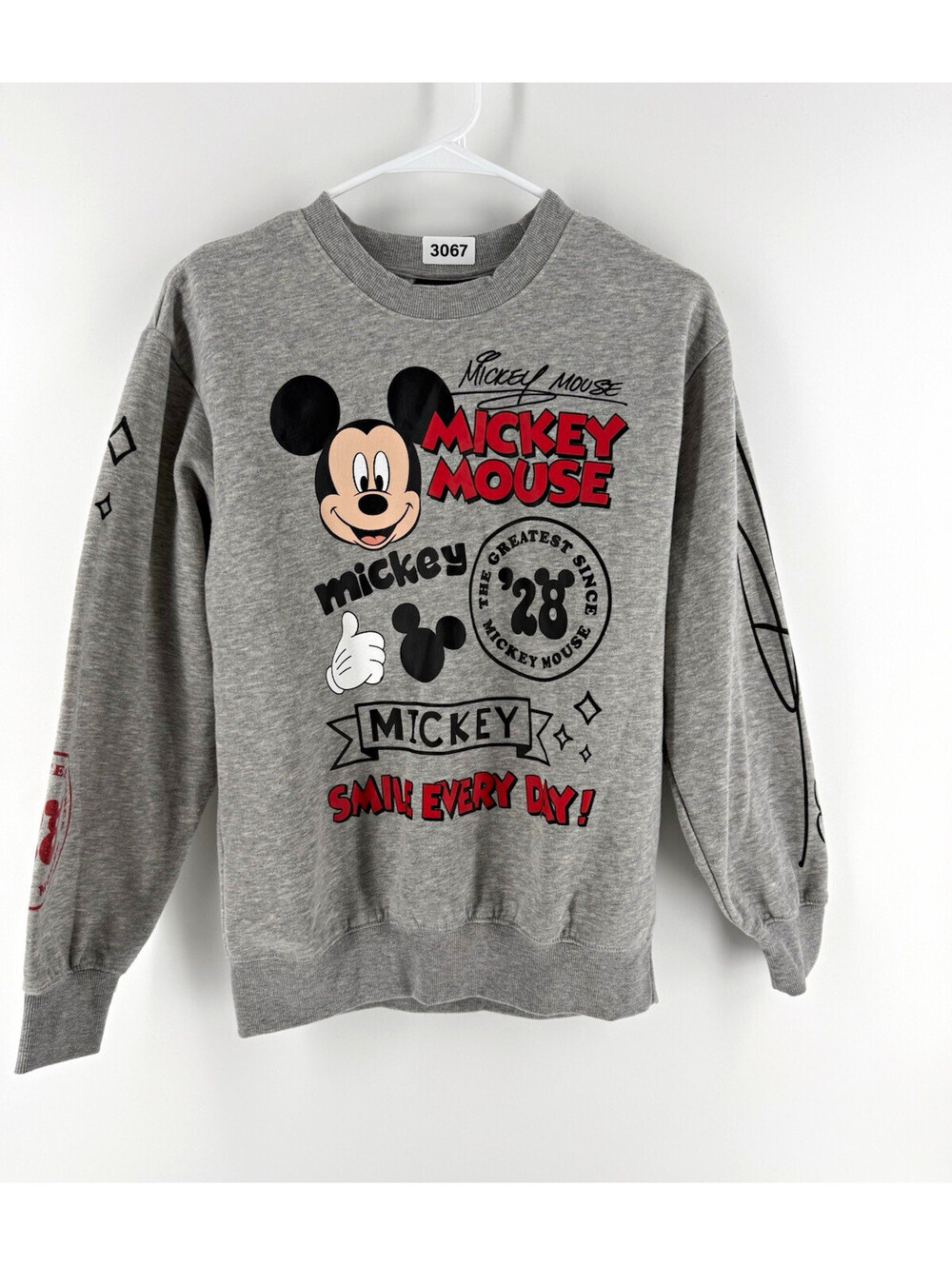 Disney Mickey Mouse Logo Graphic Print Gray Fleece Crewneck Sweatshirt Mens S